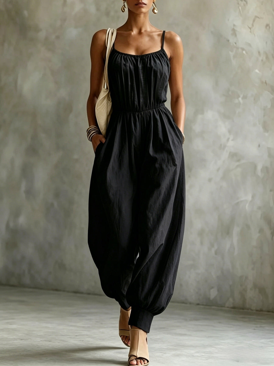 Women'S Elegant Vacation Style Cami Solid Color Backless Jumpsuit - Black