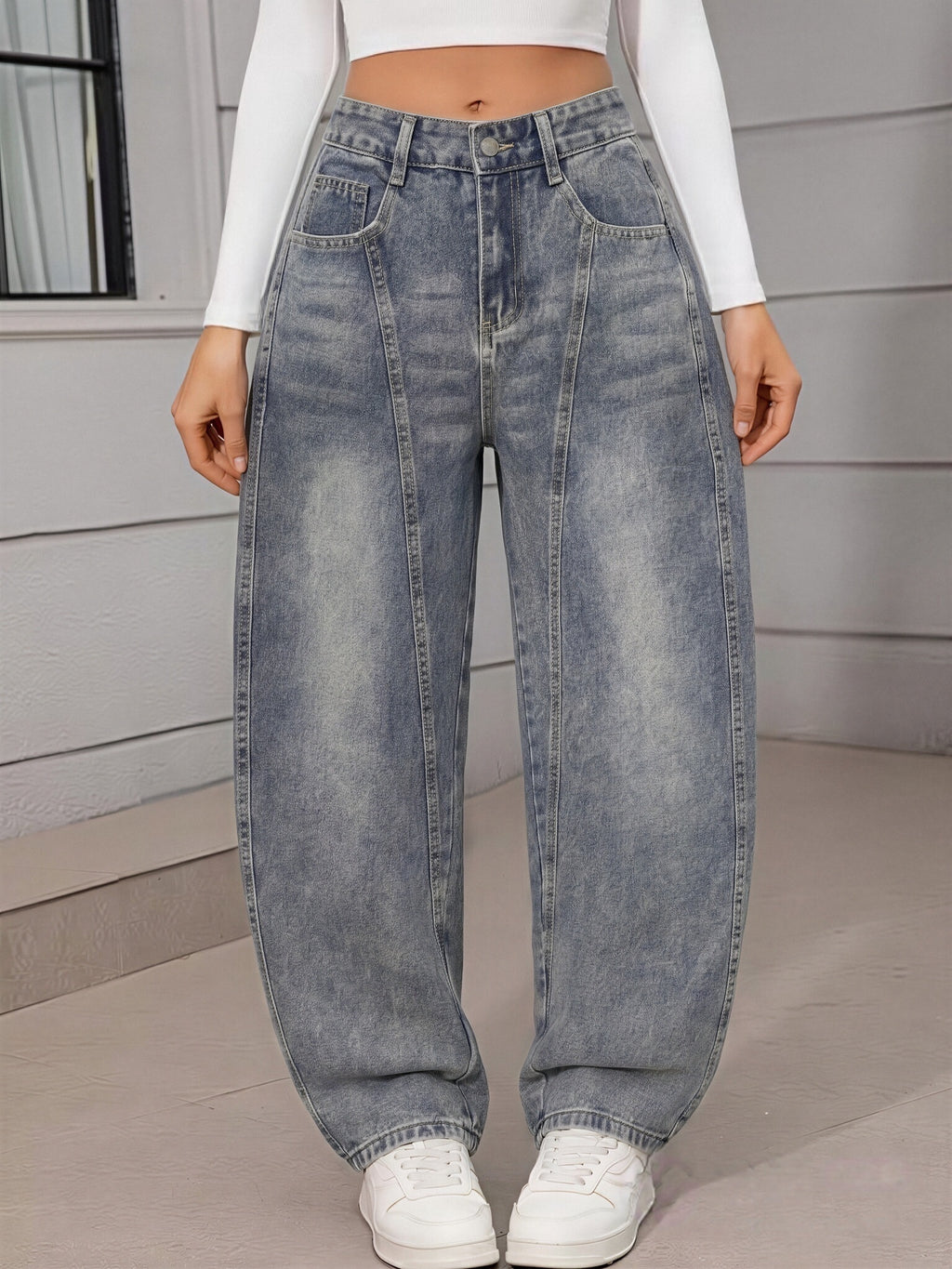 Women's Vintage Blue Loose-Fit Jeans, High-Waist Curved Stitch Wide-Leg Scalloped Hem Pants, Casual Streetwear Everyday Trousers - 611 Blue-Gray - Bright Steel Blue