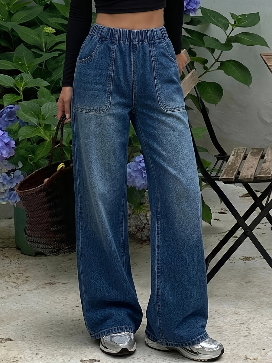2026 New Women's Loose-Leg Wide-Leg Jeans, Blue Wide-Leg Denim Pants, Specially Designed for Women. These Jeans Feature a Wide-leg Design with Pockets, Offering a Casual Style. Comfortable to Wear, They Are Perfect for Travel, Work, and Office - Medium Blue