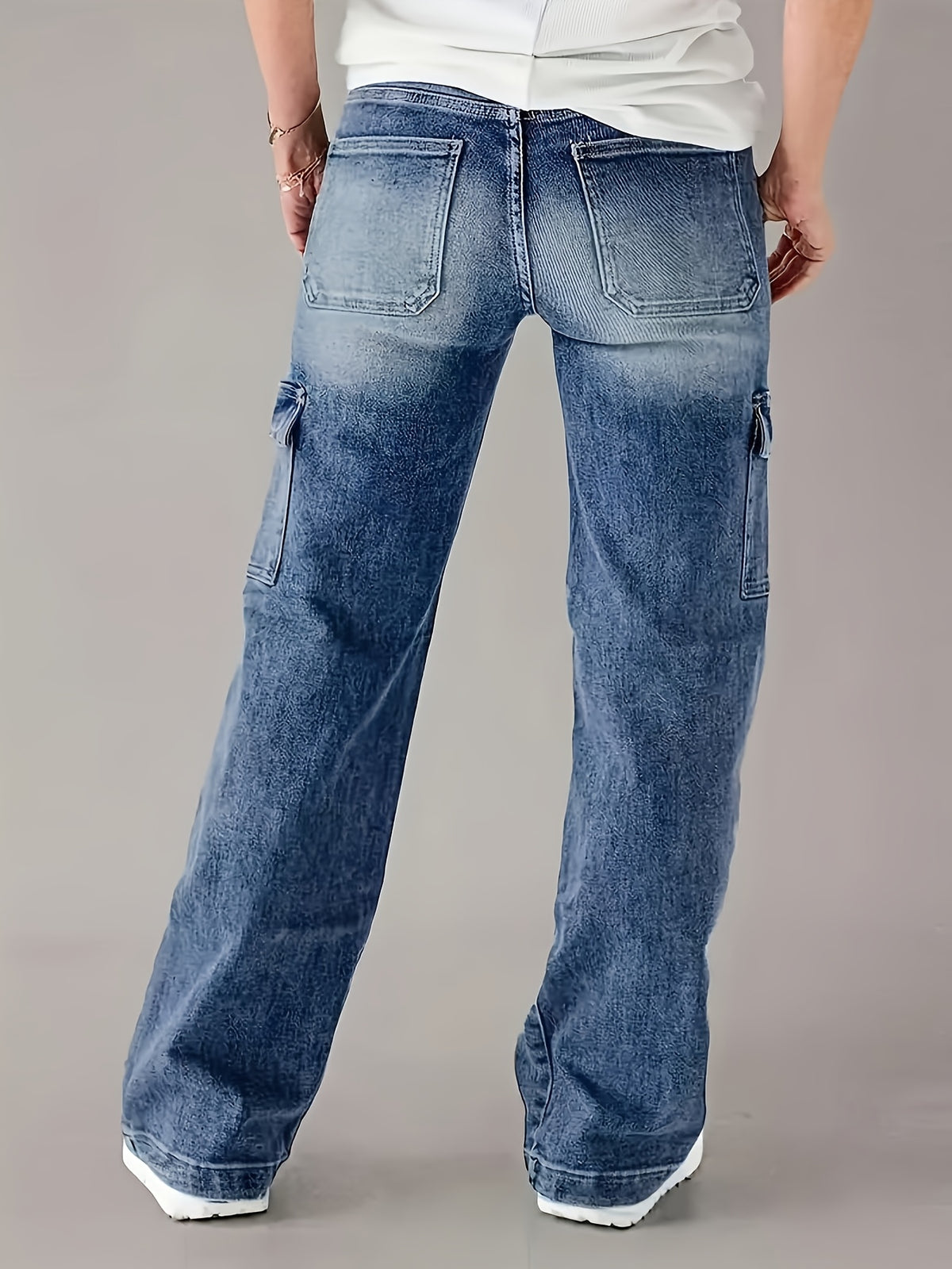 High Stretch Cargo Pants with Drawstring And Multiple Pockets | Casual Solid Color, All-Season Wear Denim Jeans - Sea Blue