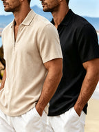 2pcs Men'S Linen Short Sleeve Polo Shirts, Circular Ribbed Collar Half-Zipper Design, Breathable Casual All-Match Summer T-Shirts - Khaki+Black