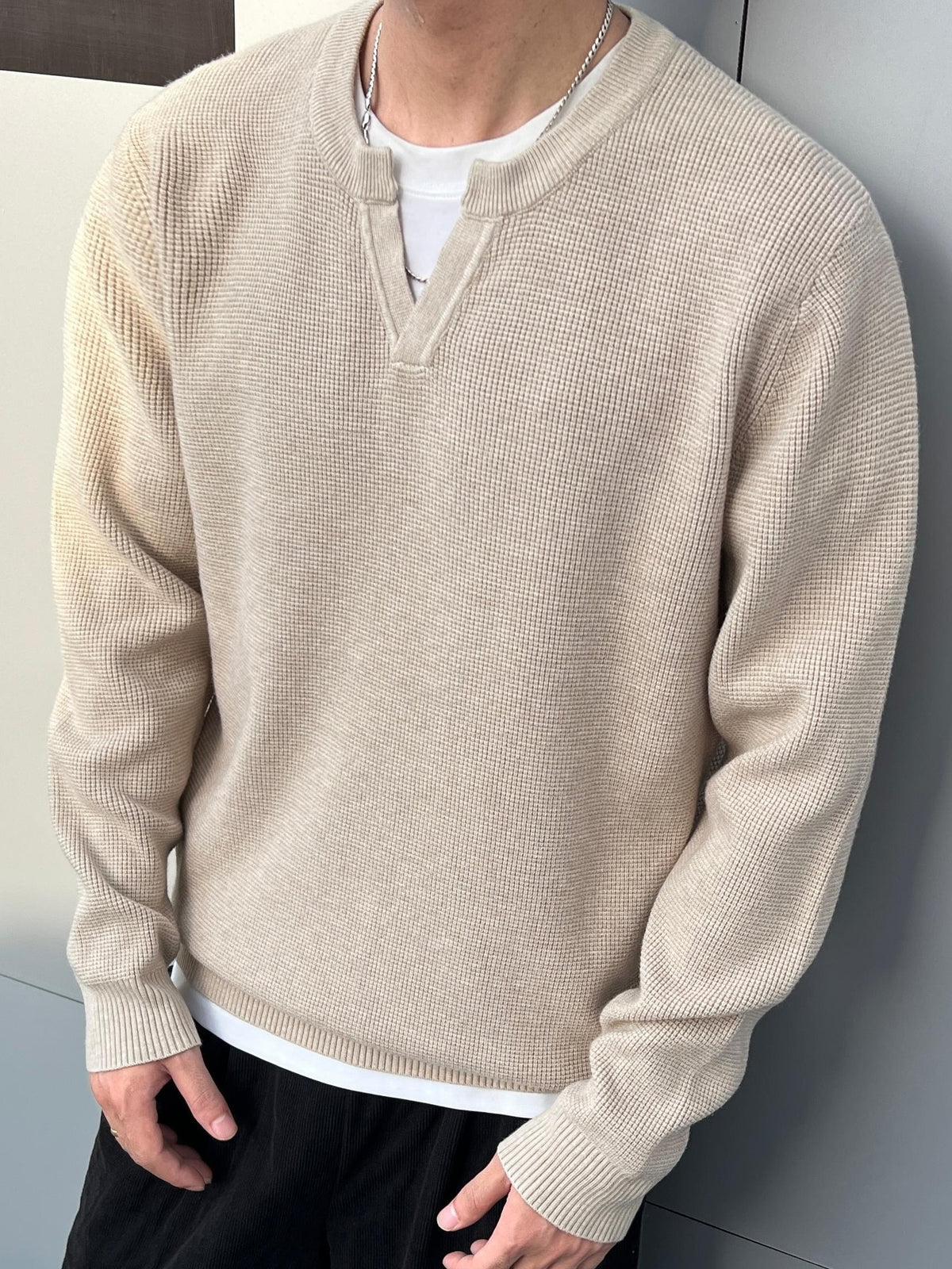 Men'S Notch Henley Long Sleeve Knit Sweater Waffle Textured Crew Split Neck Solid Color Casual Fall Winter Knitted Pullover Top - Apricot