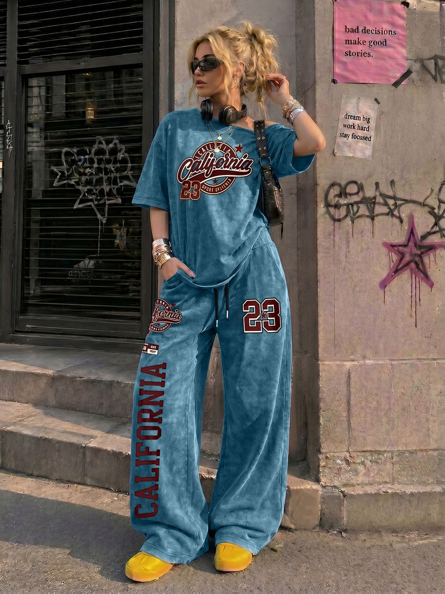 Retro American California Size 23 Number Print New Spring Summer Casual Jersey Sportswear, Street Sport Style Women'S Washed Off-Shoulder T-Shirt And Long Pants Two-Piece Set, Washed Suit, American Street College Style - Navy Color