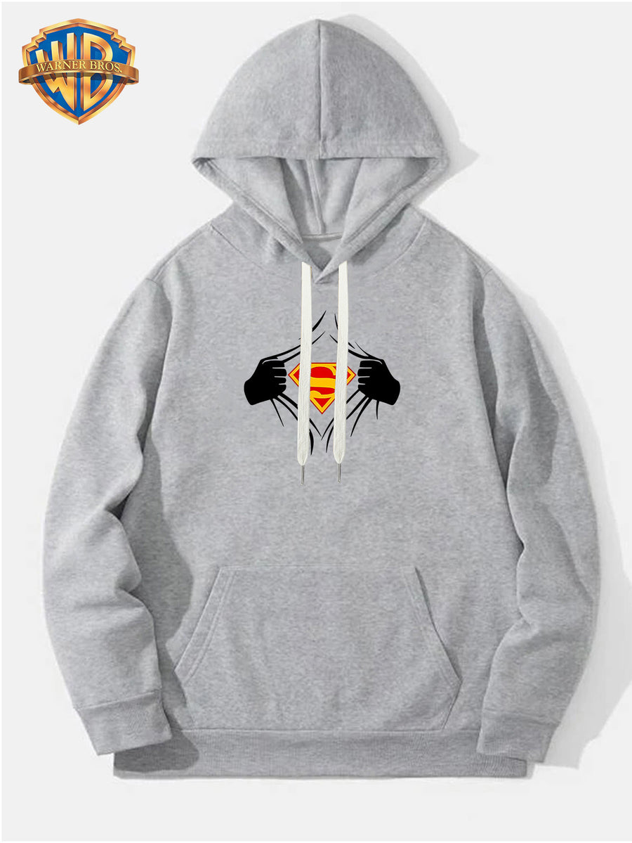 WB Men's Superman 'S' Logo Hooded - Iconic WB Logo & Superman Emblem Print Hoodie, Loose-Fit Casual Pullover with Hood, Fall/Winter Warmth, Machine Washable Suitable for Fall/Winter Warmth, Iconic Superman - Light Grey