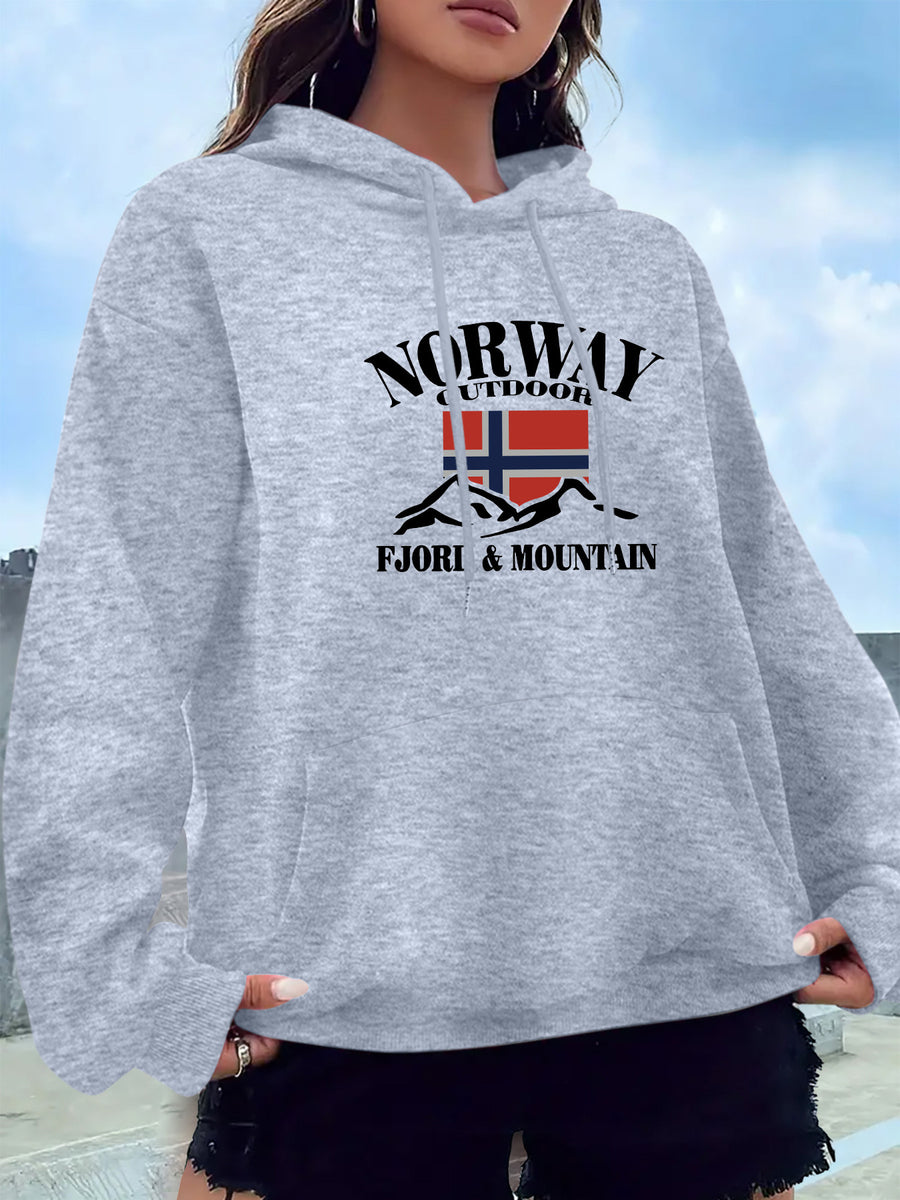 2025 New Women's American Fashion Casual Norwegian Outdoor Letter Print Hoodie with Kangaroo Pocket and Drawstring, 100% Polyester Fabric, Machine Washable, All-Season Y Sweatshirt - Light Grey