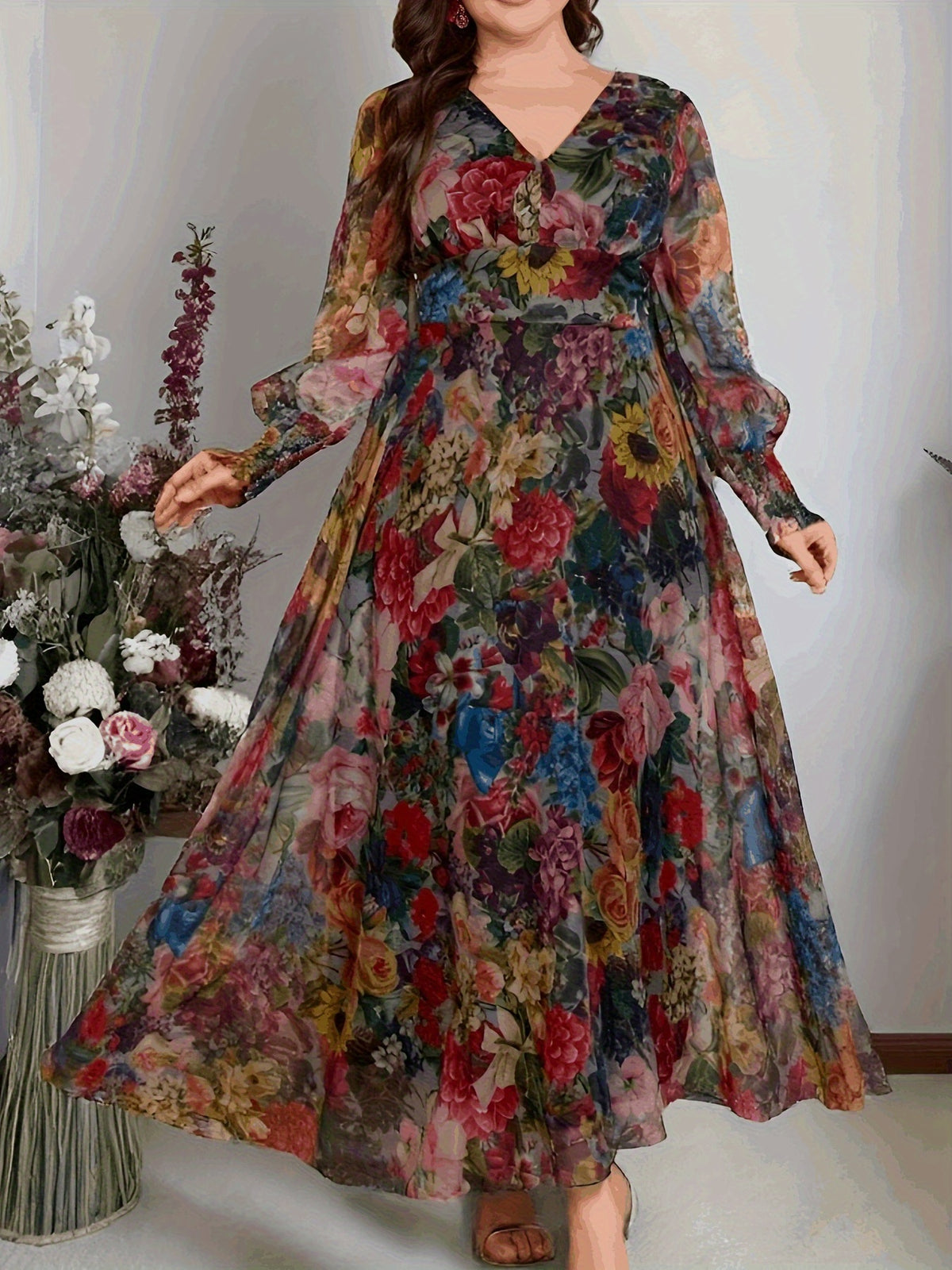 Plus Size - Plus Size - 2025 Spring And Summer New Elegant Floral Printed V-Neck Long Sleeve Lantern Sleeve Loose Long Waist Plus Size Women'S Dress - Multicolor