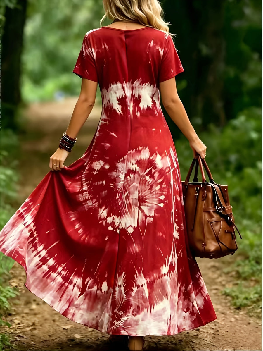 Plus Size, Plus-size Women's V-neck Dress for Spring/summer, Bohemian Style, Comfortable and Lightweight, Perfect for Beach Vacations, Fashionable and Versatile - Red