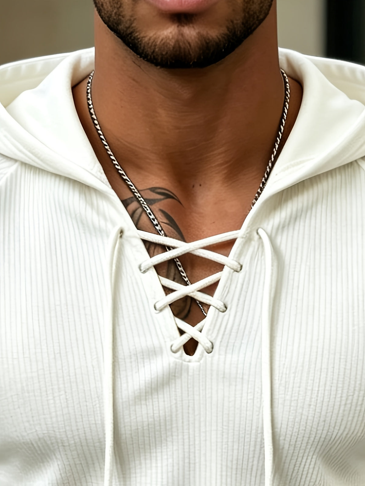 Joshmei OBM Vintage New York Street Style Men's White Textured Hooded Long-Sleeve T-Shirt with V-Neck and Cross-Strap Design, Niche Trendy Versatile Stretch Hoodie for Streetwear - White