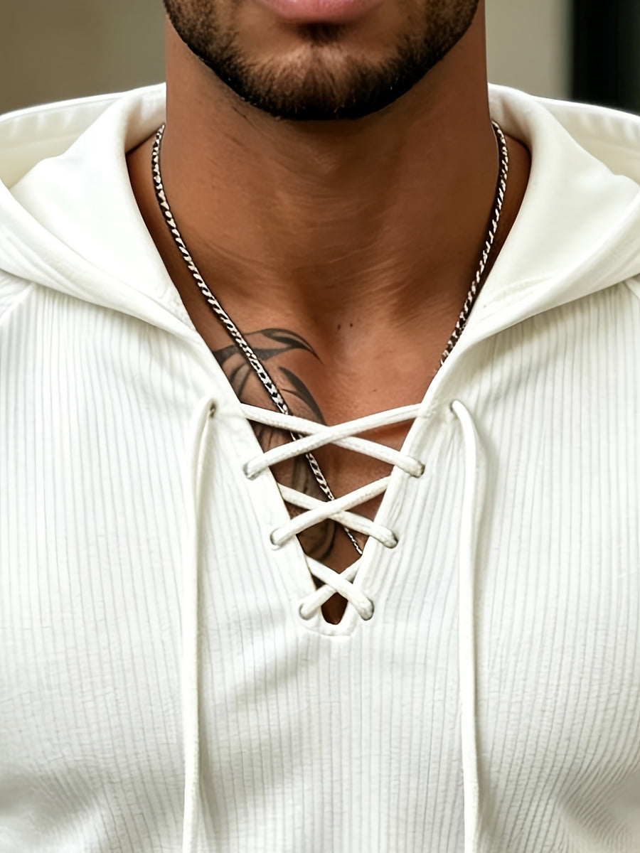 Joshmei OBM Vintage New York Street Style Men's White Textured Hooded Long-Sleeve T-Shirt with V-Neck and Cross-Strap Design, Niche Trendy Versatile Stretch Hoodie for Streetwear - White