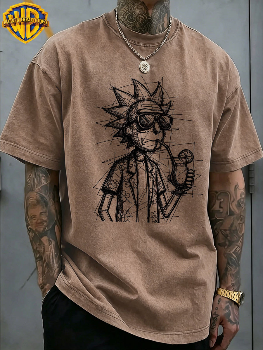 Warner Bros Official Licensed Rick and Morty Themed Vacation Rick Sketch Print, American Retro Washed & Distressed T-shirt, Unisex and Machine Washable, Suitable for Daily Commuting and Outdoor Wear - Coffee Brown