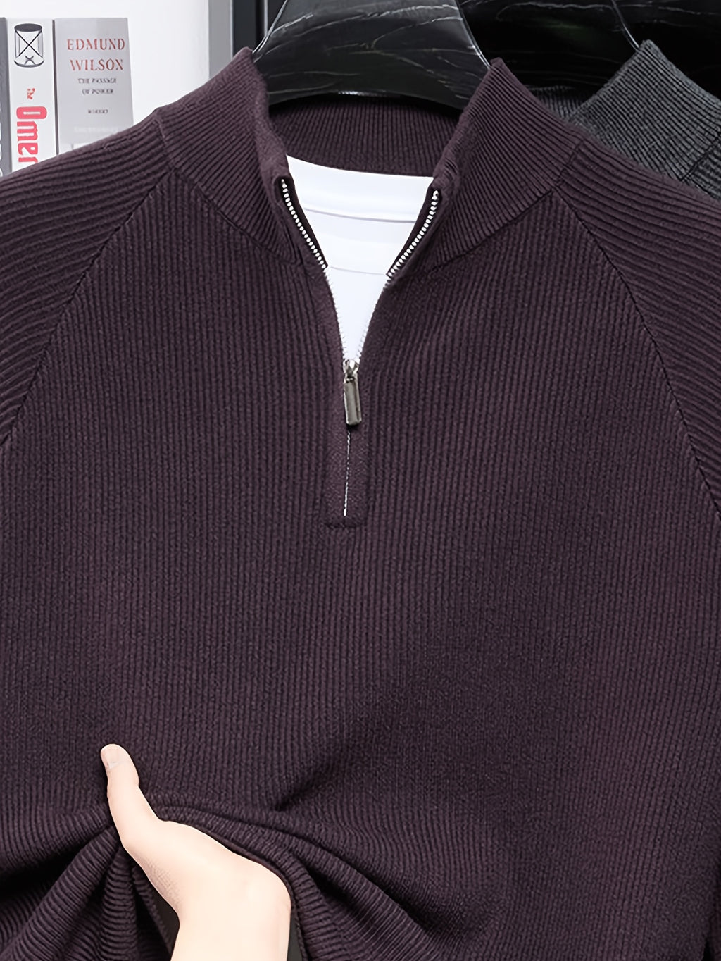 SINBOS Men's Half-Zip Stand Collar Sweater - Low-Saturation Earth Tones, Soft Ribbed Knit Zippered Cardigan, Stand Collar & Half-Zip Front Suitable for Business Casual & Minimalist Winter Wear, Autumn Winter Layering Piece - Purple