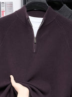 SINBOS Men's Half-Zip Stand Collar Sweater - Low-Saturation Earth Tones, Soft Ribbed Knit Zippered Cardigan, Stand Collar & Half-Zip Front Suitable for Business Casual & Minimalist Winter Wear, Autumn Winter Layering Piece - Purple