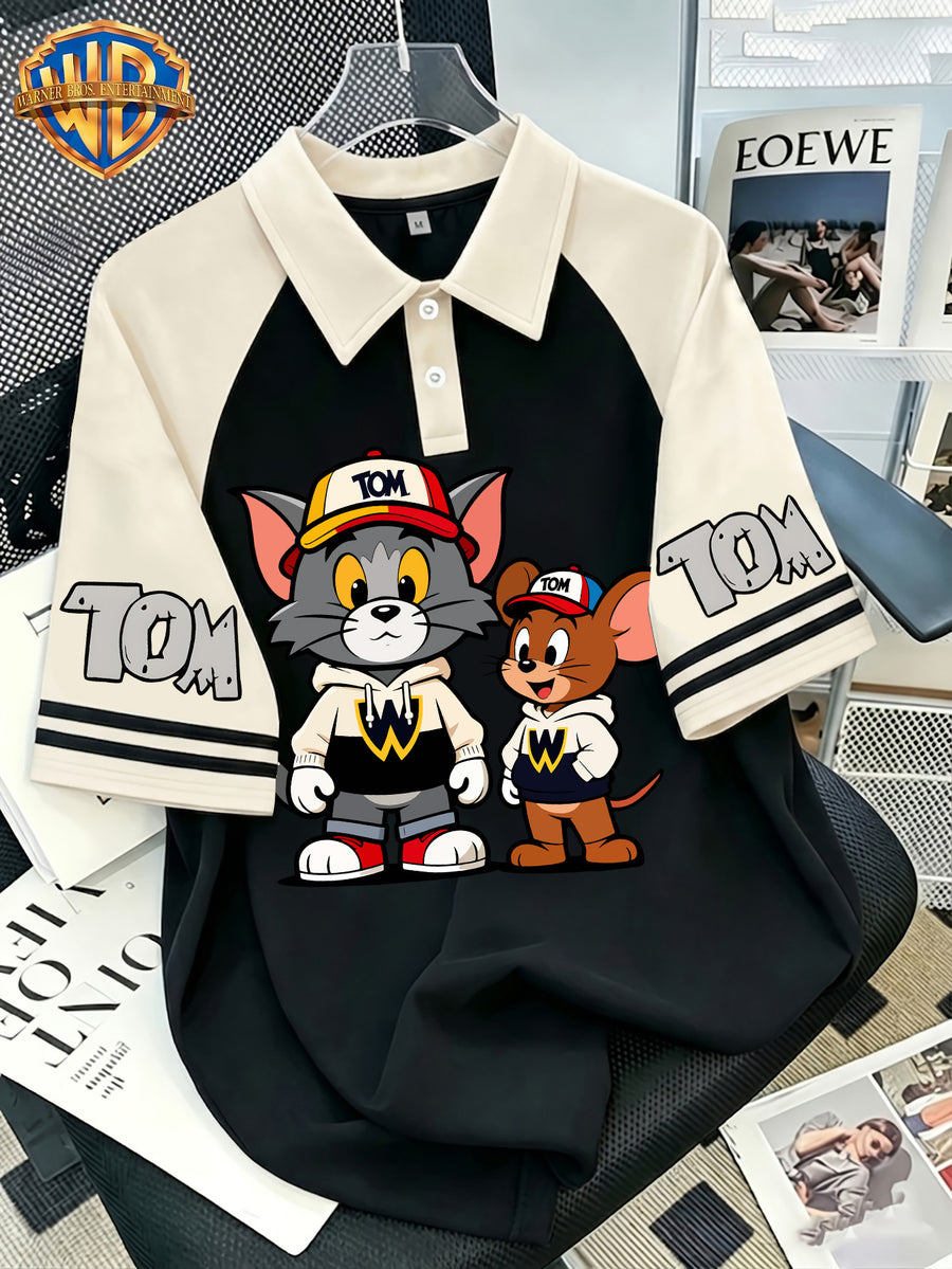 Back-to-School Warner Bros. Official Classic Character Baseball Cap Cartoon Vintage Colorblock Polo Shirt, Fashionable Printed Design Short Sleeve, Men's Multi-functional Casual Breathable Short Sleeve Top, Suitable for Daily Outings and Sports - Black