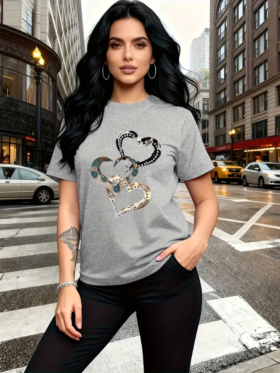 Emotion and Love" Representative, Metallic Art Heart Print Trendy Fashion, Simple Round Neck Casual Versatile Short Sleeve Women's T-Shirt for Leisure, Travel, and Vacation - Light Grey