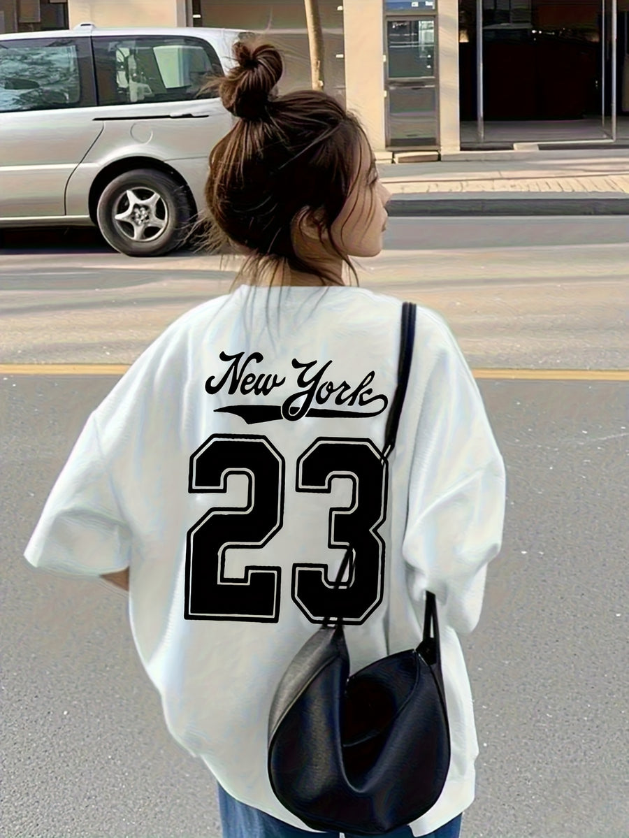 Y2K Style, Trendy Design '23' Number And Letter Double-Sided Printed T-Shirt, Women'S Casual Top, Round Neck, Summer Short-Sleeved Style - White