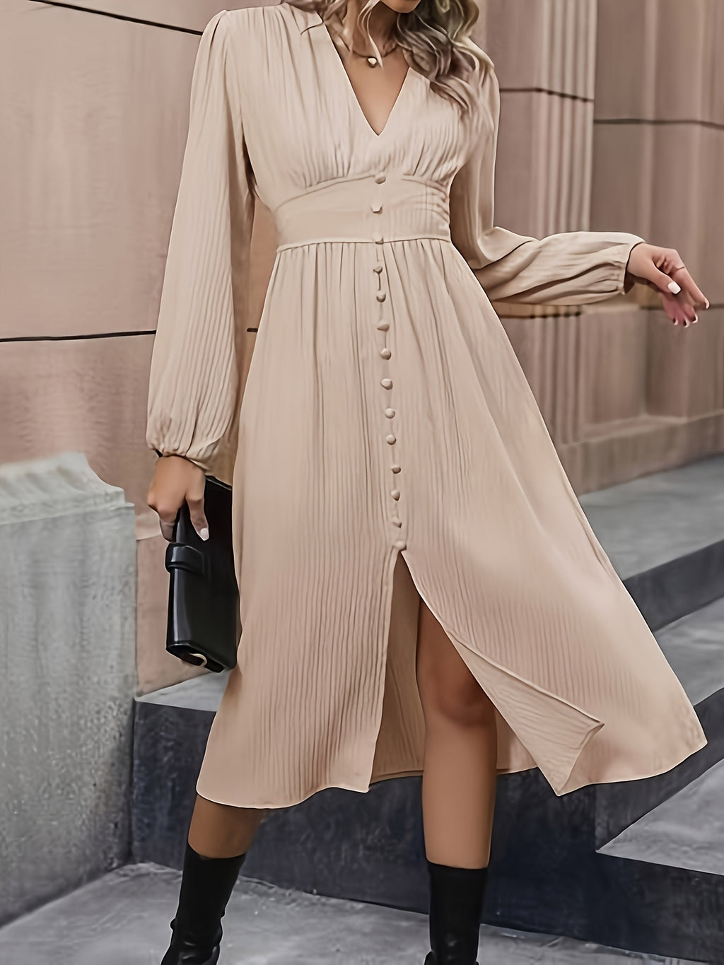 V-Neck Long Sleeve Elegant Split Maxi Dress for Women - Apricot