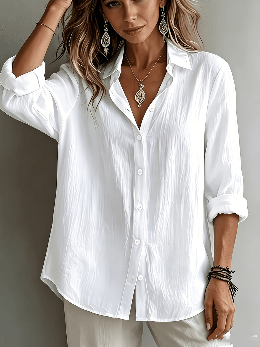 Elegant Vacation Style V-Neck, Loose Relaxed Linen Texture Shirt, Commute Style, Casual And Artistic, And Enhances Silhouette for Daily Use, Loose And Flowing, Breathable Shirt, Comfortable And Relaxed Style - White