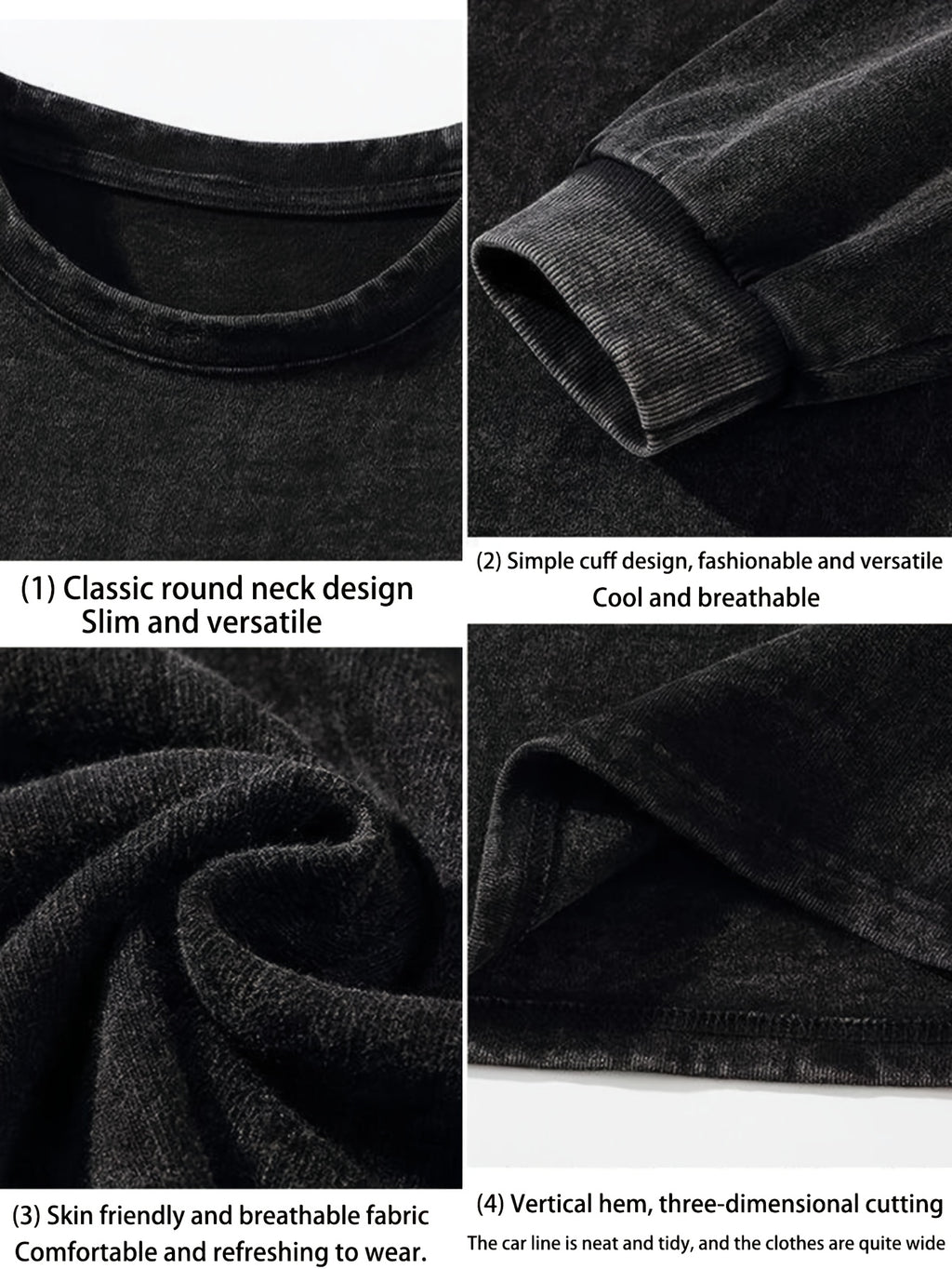 Heavyweight 260G Pure Washed Vintage Long-Sleeve Sweatshirt for Men, New Trendy Brand, Print Black T-Shirt, Casual Outdoor Breathable Oversized Top for Spring And Autumn - Black