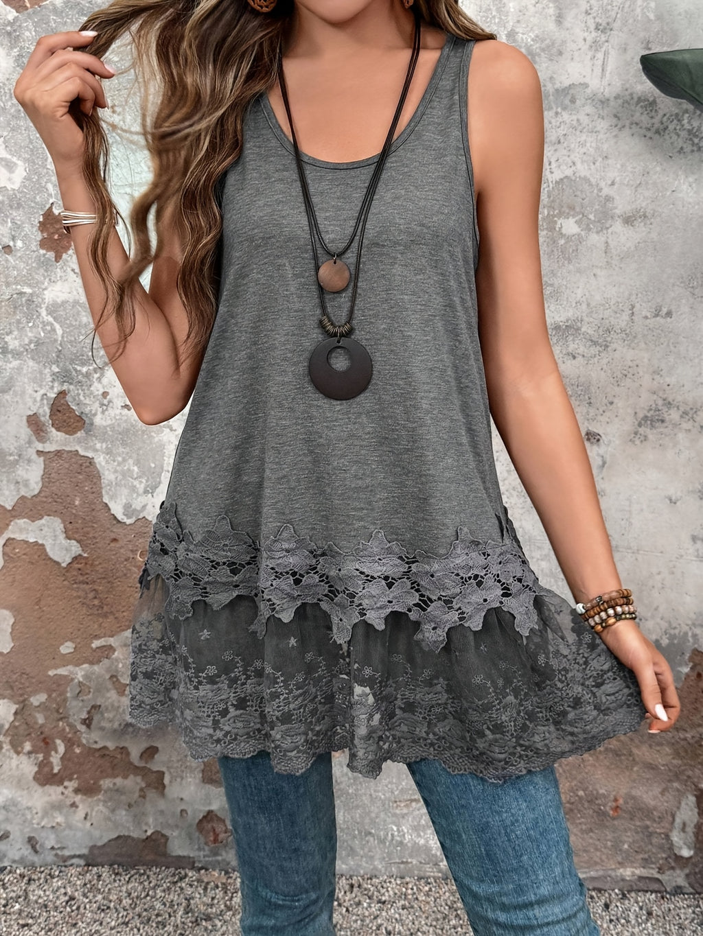 Women's Fashion Long Vest with Contrast Lace for Summer - Grey