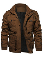 Men'S Winter Fleece-Lined Hooded Jacket - Thick Warm Insulated, Multiple Pockets, 100% Polyester Casual Coat, Machine Washable Regular Fit for Autumn/Winter Outdoor Wear, Winter Outerwear - Coffee Color