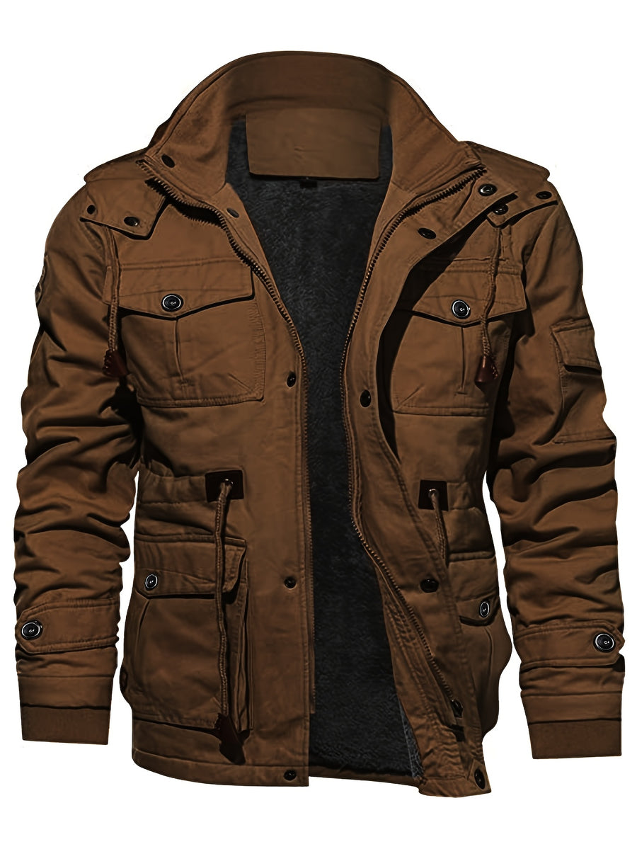 Men'S Winter Fleece-Lined Hooded Jacket - Thick Warm Insulated, Multiple Pockets, 100% Polyester Casual Coat, Machine Washable Regular Fit for Autumn/Winter Outdoor Wear, Winter Outerwear - Coffee Color