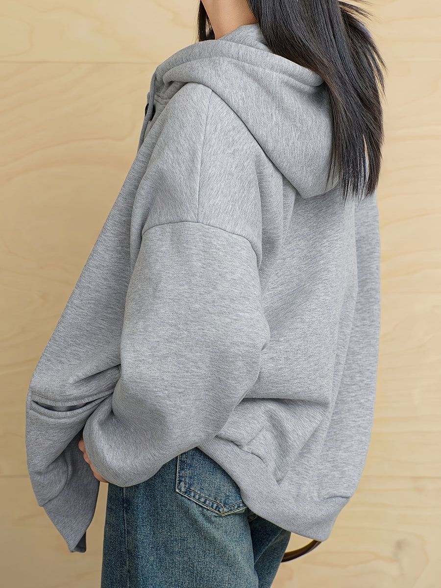 Plus Size, Plus-size Women's Thick Plush Hooded Loose Solid Color Sweatshirt, Suitable for Women, Autumn Apparel Jacket, Winter Warm Hoodie - Granny Gray