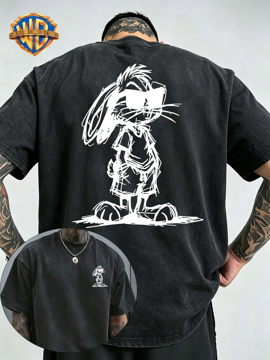 Sunglasses Pocket Rabbit Roadrunner Front And Back Print Washable T-Shirt, American Retro Distressed Style Loose Short Sleeve, Unisex Machine Washable T-Shirt, Suitable for Daily Wear, Commuting And Outdoor Outfits - Black