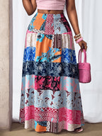 2026 New Spring/Autumn Women'S Bohemian Digital Print High-Waist Loose Maxi Skirt, High-Waist Design with Shirred Waist, Loose And Flowing, Comfortable Casual, Fashionable Women'S Digital Print Midi Skirt, Beach Vacation And Holiday Wear - Multicolor