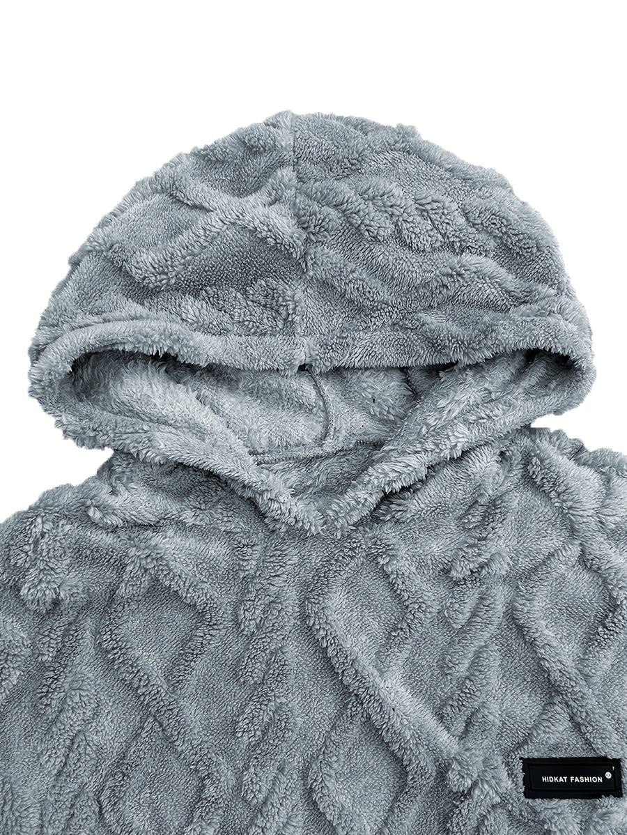 Men's Winter Casual -Lined Warm Hooded Sweatshirt, Soft Pullover with Large Pocket, Cable Knit Texture, Loose Fit, Suitable for Travel, Vacation, Outdoor, Streetwear, Daily Commuting, and as a Gift Option - Grey