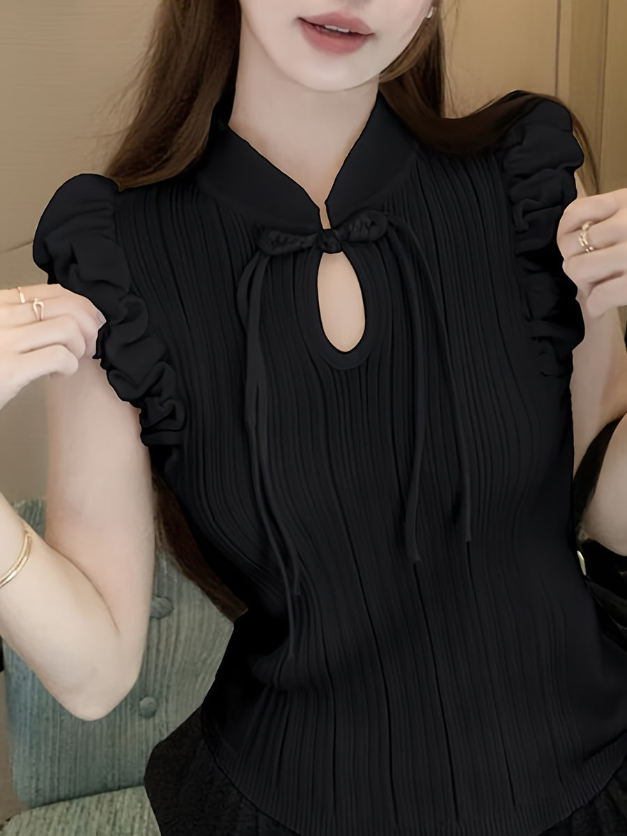 Sleeveless Top with a Solid Color, Featuring a Stand Collar And Ruffles, Perfect for Casual Spring And Summer Wear, Versatile And Elegant for Women'S Fashion - Black