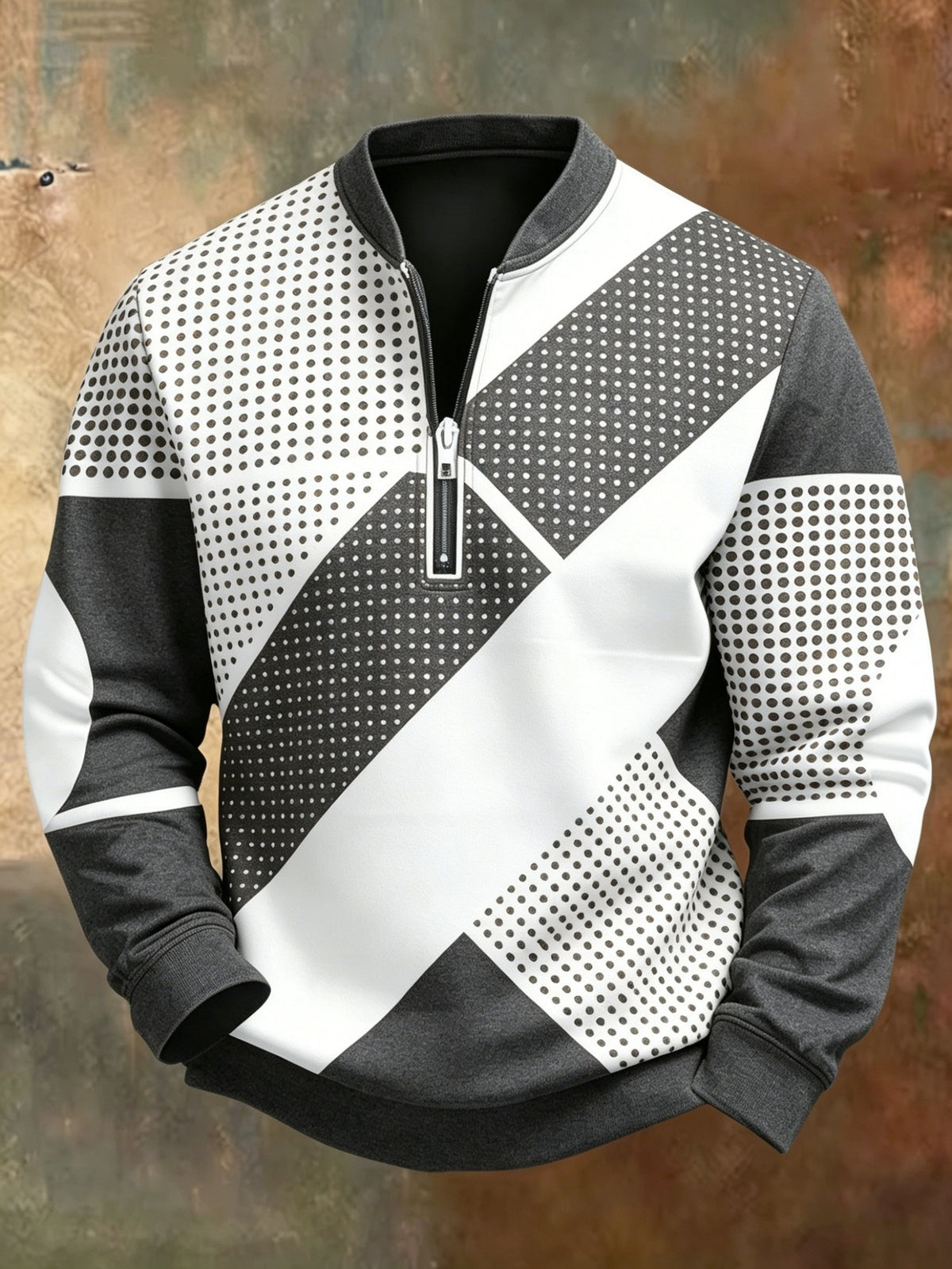Men'S Autumn Winter Polo Zipper Sweatshirt, Classic Trendy New Half-Zip POLO Sweatshirt, American Retro Geometric Color-Block Print, Polo Stand Collar, Machine Washable, Daily Casual Party Outdoor Essential, Fashionable Long Sleeve Athletic Top - Mixed colors
