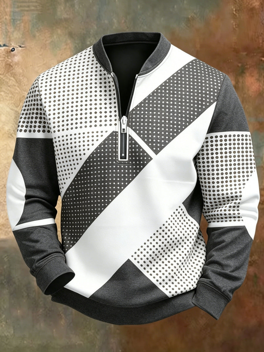 Men'S Autumn Winter Polo Zipper Sweatshirt, Classic Trendy New Half-Zip POLO Sweatshirt, American Retro Geometric Color-Block Print, Polo Stand Collar, Machine Washable, Daily Casual Party Outdoor Essential, Fashionable Long Sleeve Athletic Top - Mixed colors