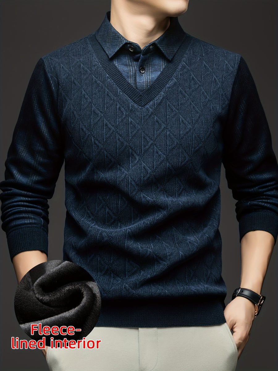 Men'S Fleece Fake Two-Piece Sweater, Plaid Lapel with Diamond Jacquard Design, Business Casual Warm Knit Top, Inner Thick Base Layer Shirt, Suitable for Men'S Commute And Casual Wear - Ha Qing