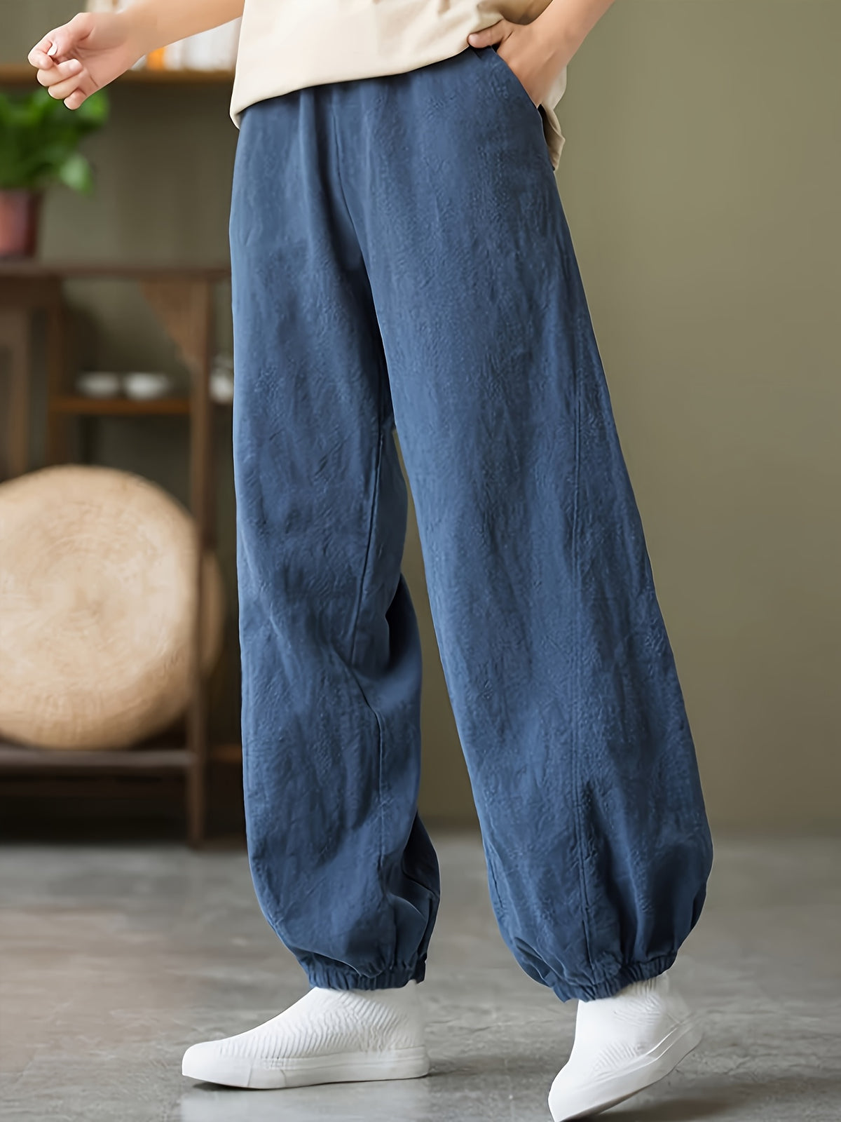 Loose and Breathable Vintage High-waist Tapered Patchwork Casual Wide-leg Long Pants Solid Color Casual Lantern Pants - Sea Blue