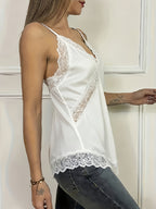 Women'S Satin Asymmetrical Cami Top, Adjustable Straps. Lace Detail on Hem, Underbust, And Neckline, Side Slit, V-Neck Design - White