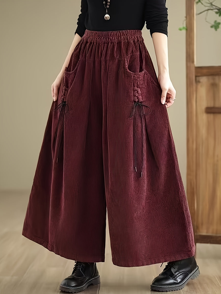Corduroy Wide-Leg Pants with Elastic Corduroy Waist (Suitable for Body Types) - Solid Color Casual Trousers, Machine Washable,, Corduroy Pants for Casual Attire - Burgundy