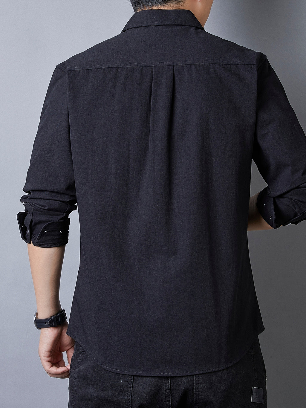 Men's Casual Pure Cotton Long-Sleeve Shirt for Spring and Autumn, Solid Color Simple Lapel Single-Pocket Shirt for Daily Commuting, Work, and Dating, Men's Top - Black