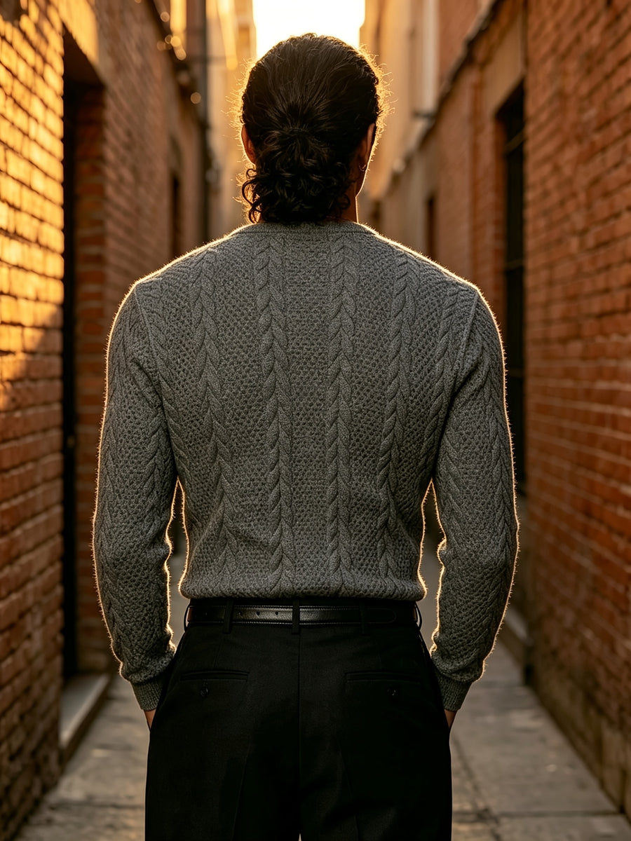 Back-To-School Season Men'S White Stretch Knit Long Sleeve Top, Henley Collar Pinstripe Textured Button-Up Shirt, Light Mature Korean Style Outfit, Early Autumn Fitted Style, Campus Outing And Weekend Shopping Knitwear - Dark Gray