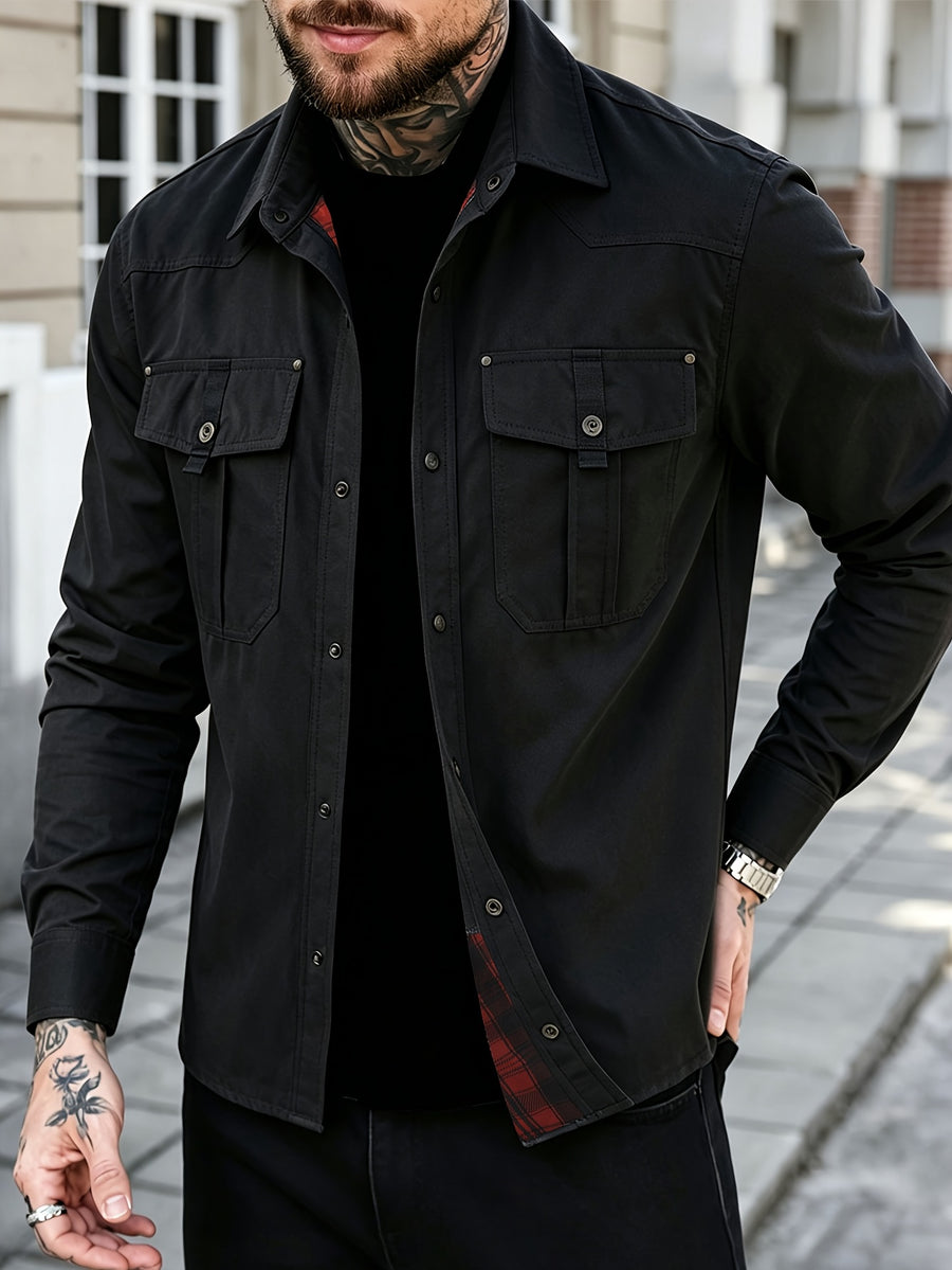 Men's Spring-autumn Casual Jacket Shirt with Checked Lining. Multi-pocket Design. A Simple and Versatile Plain-colored Coat That Is Suitable for Daily Outings, Sports, Outdoor Activities, Vacation Trips or Traveling. - Black