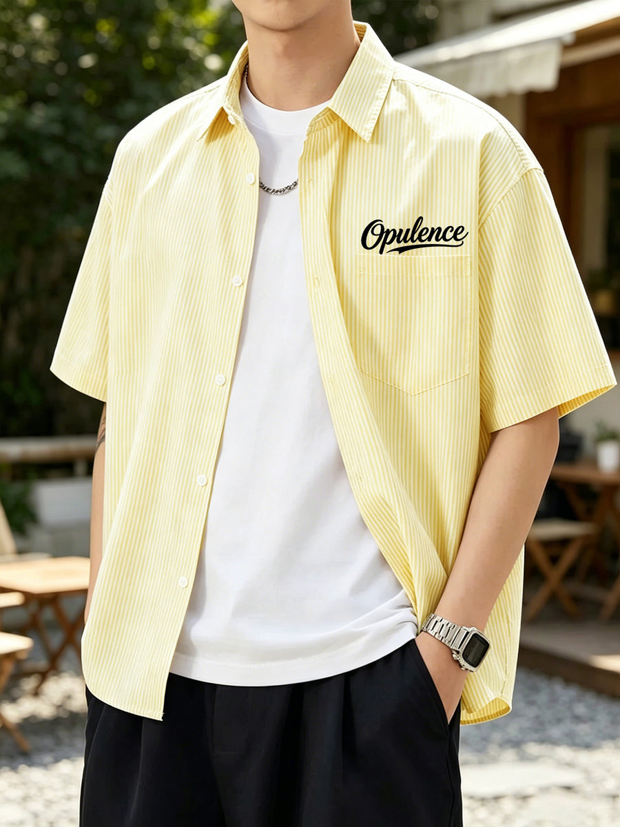 Summer Lightweight Cool and Handsome Fashionable Trendy Men's Simple Letter Print Short Sleeve Striped Loose Fit Casual Outerwear Shirt - Yellow