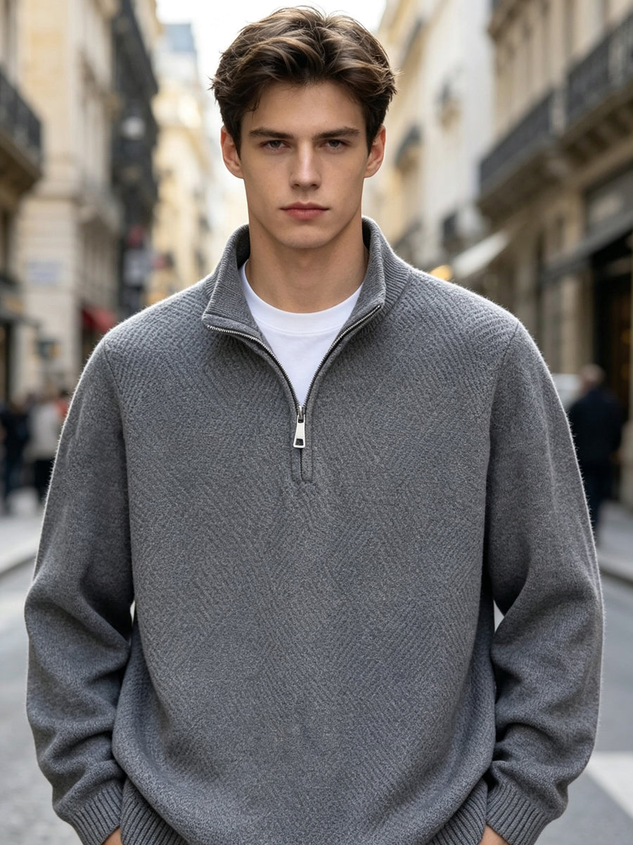 Men' Quarter-Zip Stand Collar Knit Sweater with Diagonal Texture & Ribbed Hem/Cuff Trim - Loose Fit Warm -Pullover Suitable for Autumn Winter Daily Commute, Casual Office Wear, Layering Base Layer - Dark Gray
