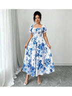 Women'S Ruched Square Neck Short Sleeve Ruffled Hem Dress with Ditsy Floral Print, Suitable for Casual, Work, Travel, Beach, Bohemian, Western, Music Festival, Countryside Style - Blue Flower Pattern