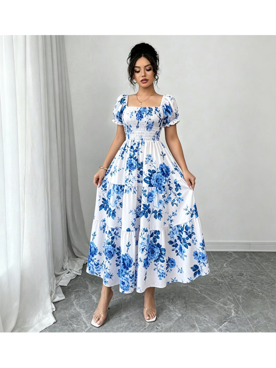 Women'S Ruched Square Neck Short Sleeve Ruffled Hem Dress with Ditsy Floral Print, Suitable for Casual, Work, Travel, Beach, Bohemian, Western, Music Festival, Countryside Style - Blue Flower Pattern