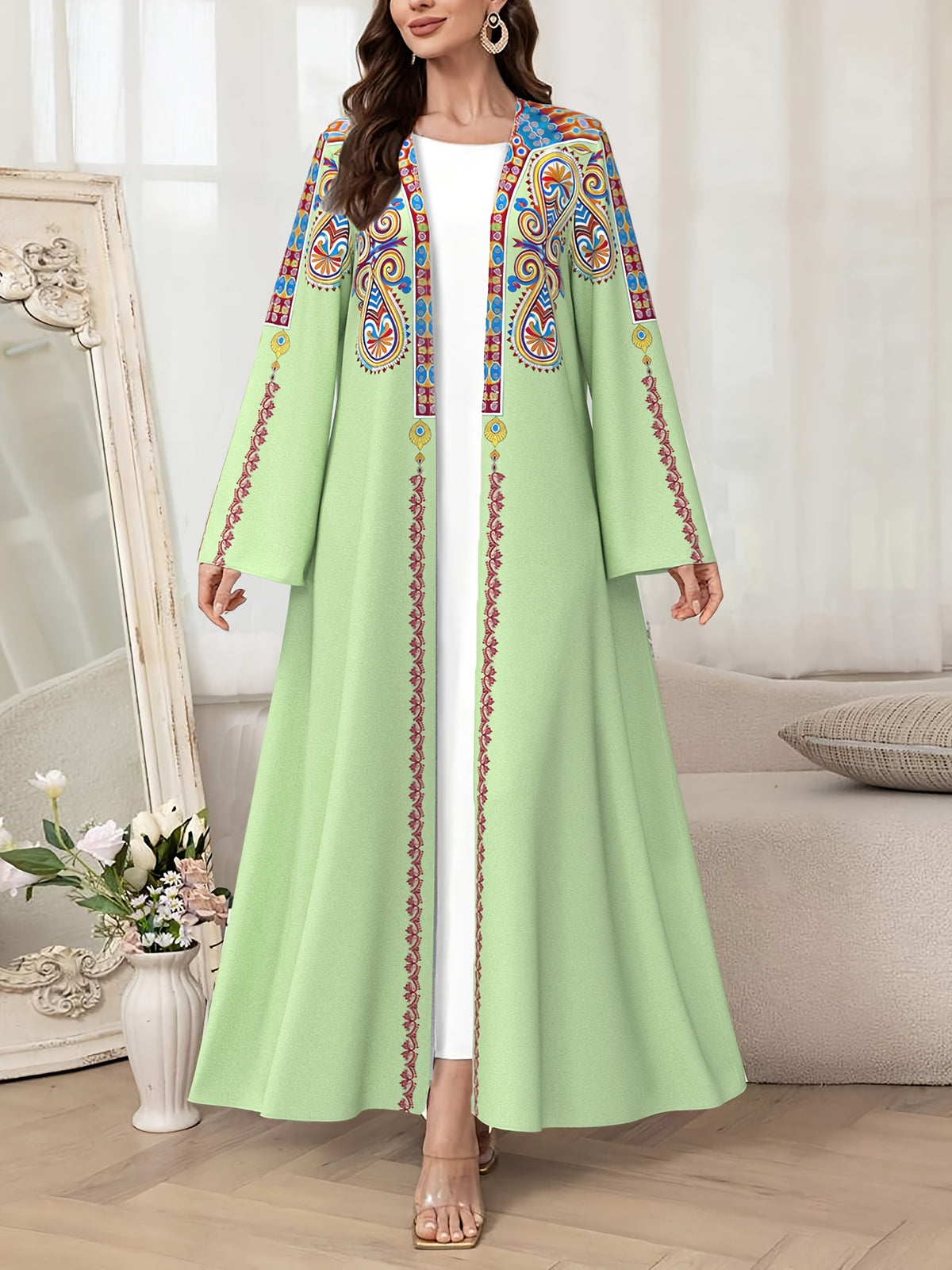 Middle East Dubai Muslim Abaya Robe Women'S Fashion Floral Print Loose Long Cardigan Elegant Outerwear - Mixed colors