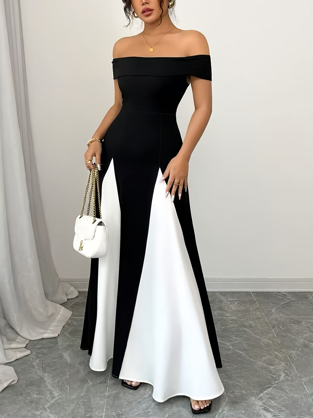Elegant Exquisite Women's Black and White Color Block Off Shoulder Dress Waist Cinched Slim Fit A-Line Flared Maxi Dress Fashion Temperament Piece for Evening Party Wedding Vacation - Black