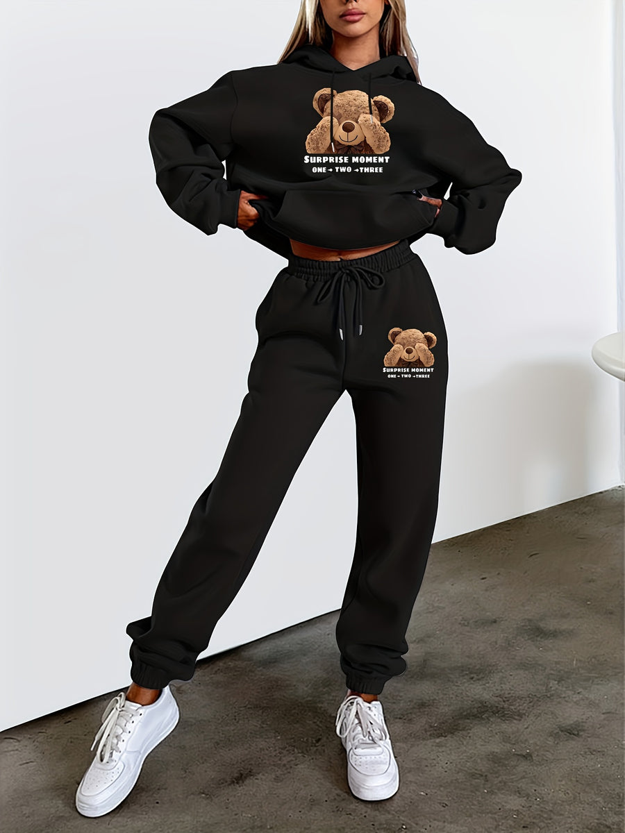 Toy Bear Pattern Print, Women'S Casual Hooded Drawstring Two-Piece Set - Black