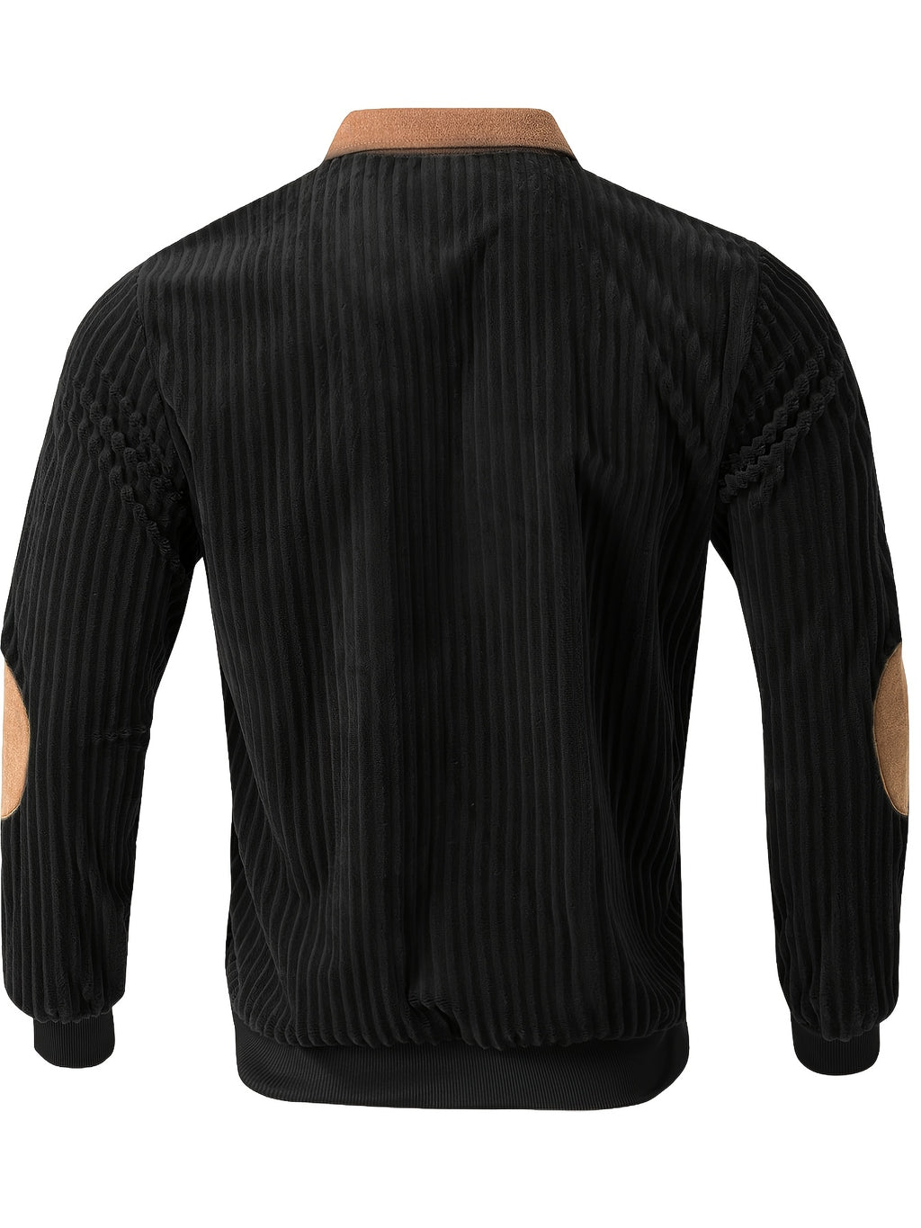 [Pearson OBM] Contrast Collar Half-Zipper Men'S Vertical Striped Long Sleeve Knit Sweater, Elbow Patch Casual Elastic Slim Commute All-Match Fall Top - Black