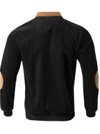 [Pearson OBM] Contrast Collar Half-Zipper Men'S Vertical Striped Long Sleeve Knit Sweater, Elbow Patch Casual Elastic Slim Commute All-Match Fall Top - Black