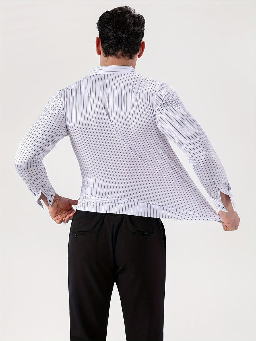 Seamless High-Elasticity Pressed Hem Wrinkle-Free Men's Long-Sleeve Striped Fashion Casual High-End Button-Up Cardigan Four-Way Stretch Men's Top, Fabric Weight 160g, Material 88% Polyester Fiber 12% Spandex - White Bars