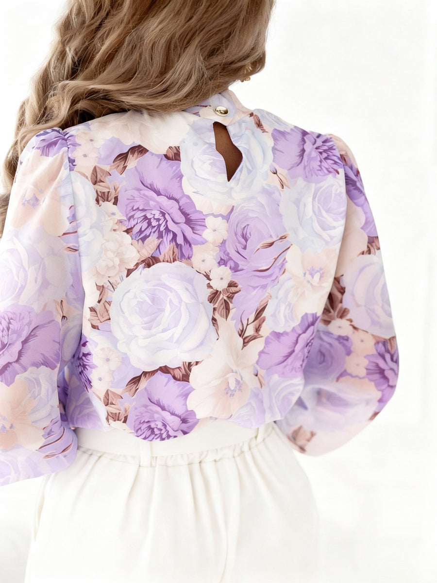 Elegant Women'S Chiffon Printed Long-Sleeved Shirt with Lining, Colorful Floral Patterns Combined with Metal Buckles, Classic Wrap Neckline Design, Exquisite Cuffs Are Eye-Catching, Suitable for Daily Fashion Wear, Vacation And Leisure - Taro Purple
